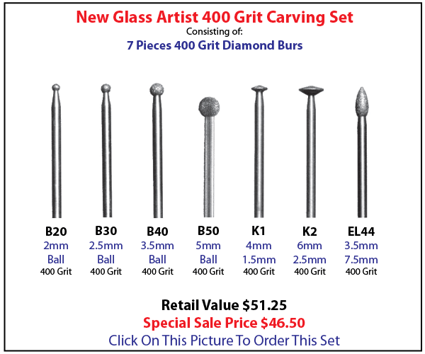 Glass Carvers Set consisting of 7 assorted diamond burs coated with 400 grit diamond powder